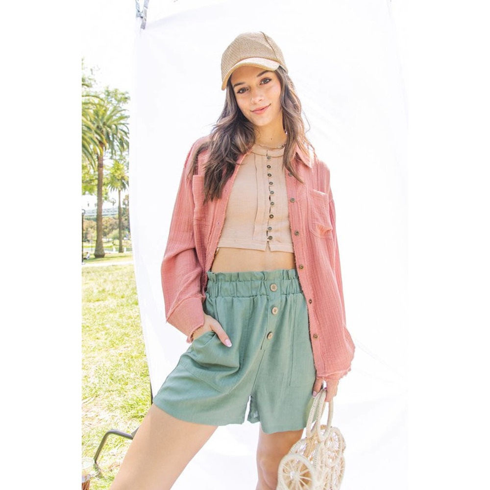 Very J: Raw Edge Hem Woven Shirt Blush Small